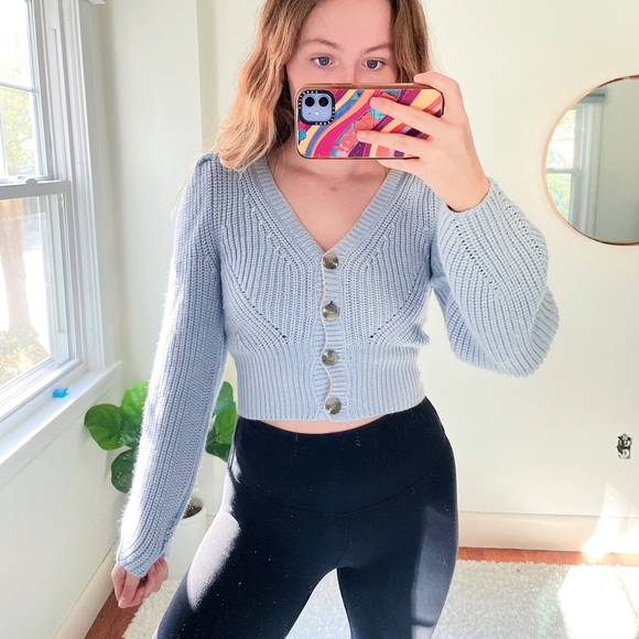 Urban Outfitters Light Blue Puff Sleeve Cardigan - Picture 1 of 3